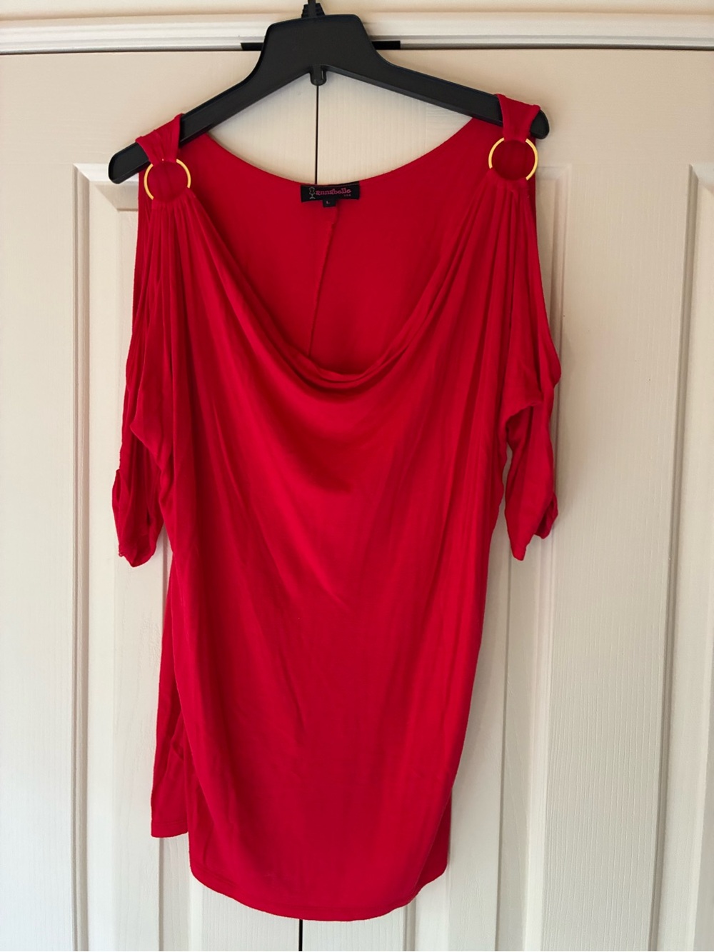 Bold Red Cold-Shoulder Draped Neck Top Annabelle size large